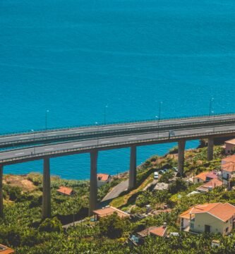 aerial photo of concrete bridge near body of water